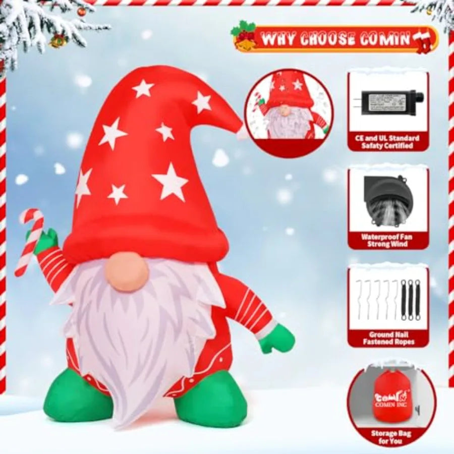 6FT Tall Christmas Inflatables Outdoor Decorations Blow Up Gnomes Wearing Red Hat with Builtin LEDs for Christmas Indoor Outdoo