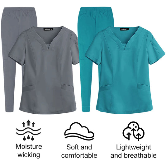 Unisex Medical Nurse Beauty Salon Workwear V-Neck Doctor Nurse Scrubs Set Hospital Surgical Work Clothes for Women Men