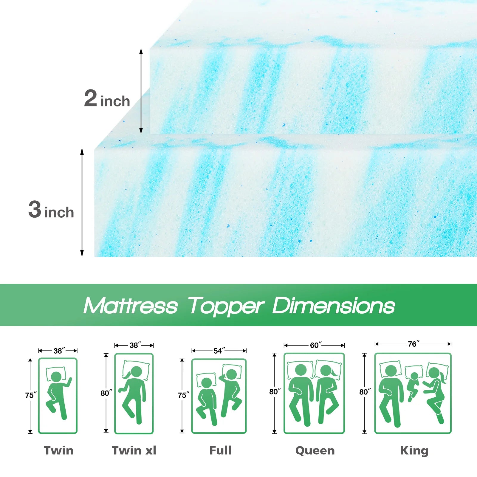 JHK 3 Inch Gel Memory Foam Mattress Topper Full Size Cooling Mattress Soft and Breathable Bed Topper School Bedroom Furniture - TrendForce25