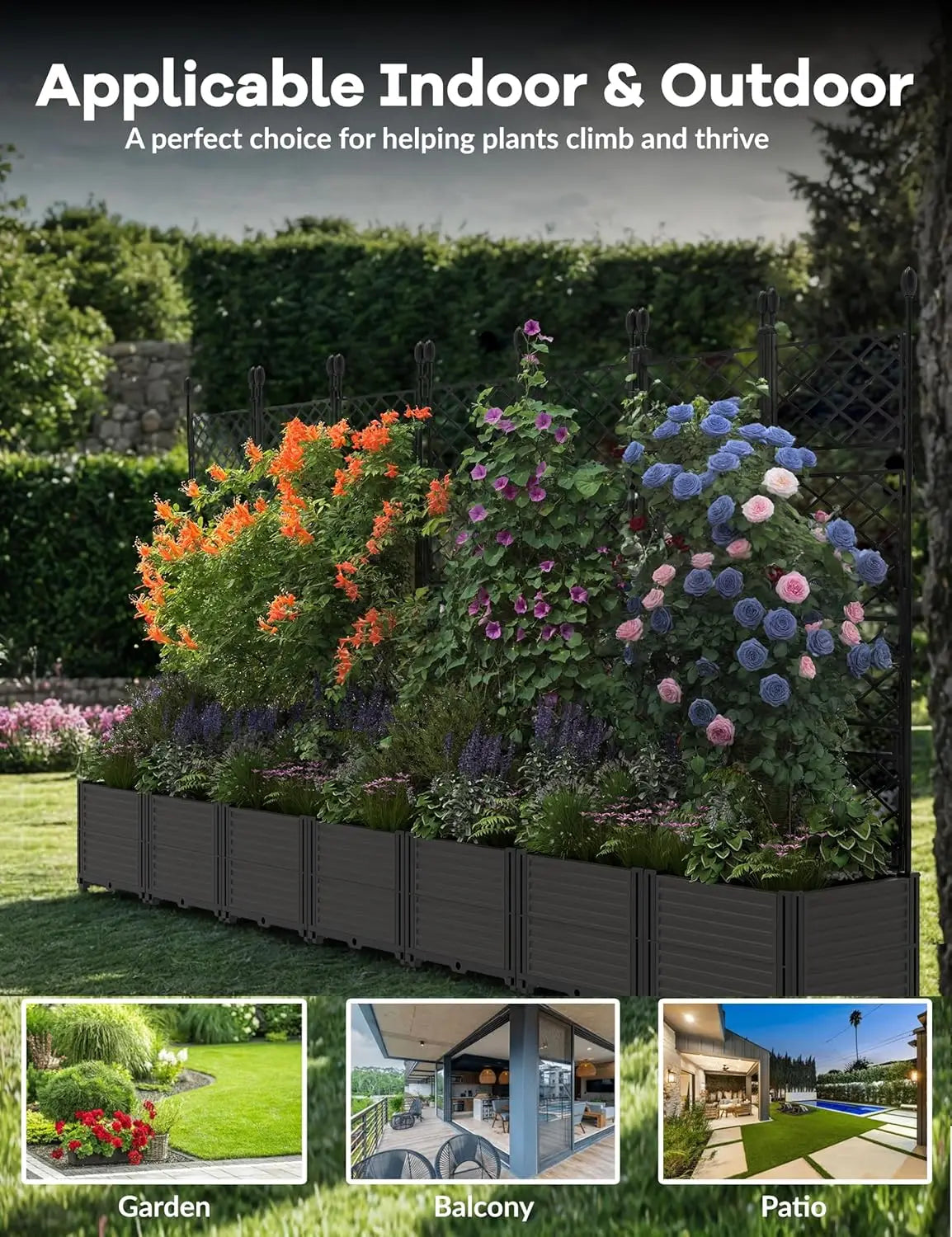 Plastic Planter Box w/ Trellis Rack 5.25FT Tall Raised Garden Bed Drainage for Outdoor Balcony Patio Flower Vegetable Planting - TrendForce25
