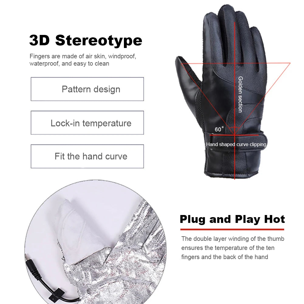 Motorcycle Winter Heated Gloves 12V Thermal Windproof Bike Gloves PU Leather Outdoor Keep Warm Guantes for Snowmobile Motorcycle - TrendForce25