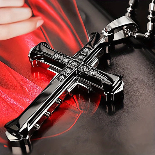 1PC/ Titanium Alloy Cross Pendant Necklace Inlaid with Zircon Man, Classic Jewelry, Holiday Gift