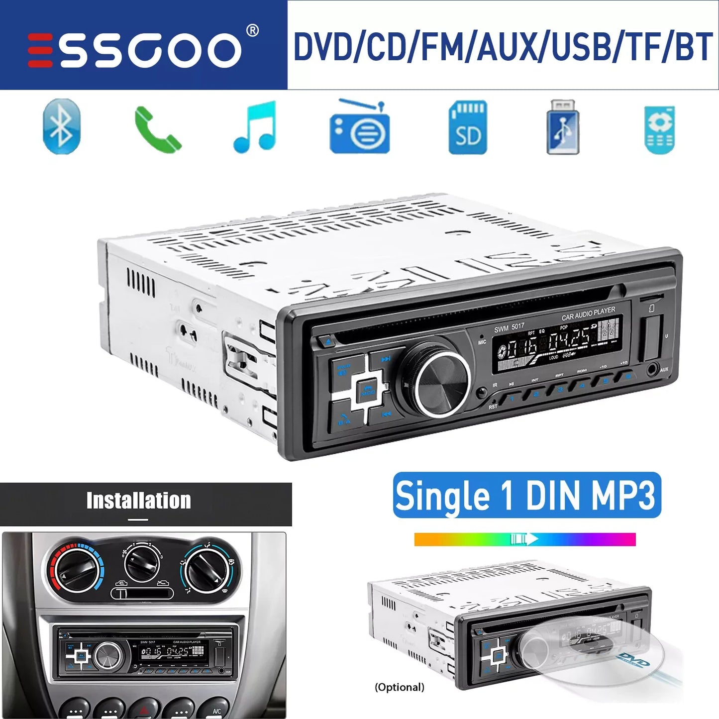 ESSGOO 12V 1 DIN Universal Car Stereo Radio MP3 Player Support DVD/CD In-dash Bluetooth FM USB SD AUX Head Unit Player MP3