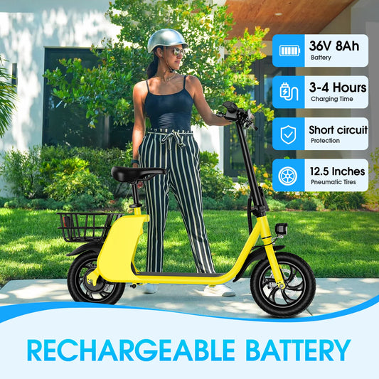 450W adult electric scooter 15.5mph, with seat and shopping basket, suitable for female electric scooters for urban commuting - TrendForce25