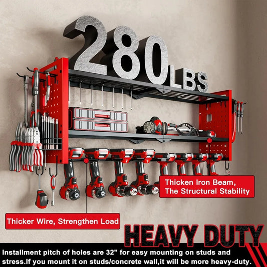 Popular Red Power Tool Organizer Wall Mount,Cordless Storage Rack 8 Drill Holder,3 Layers Heavy Duty Power Tool Storage Rackr