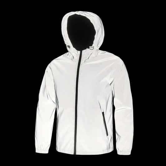 Mens Double Fabric Night Reflective Jackets Hip Hop Dancer Singer Waterproof Zipper Coats Outwear Windbreaker Hooded Jacket