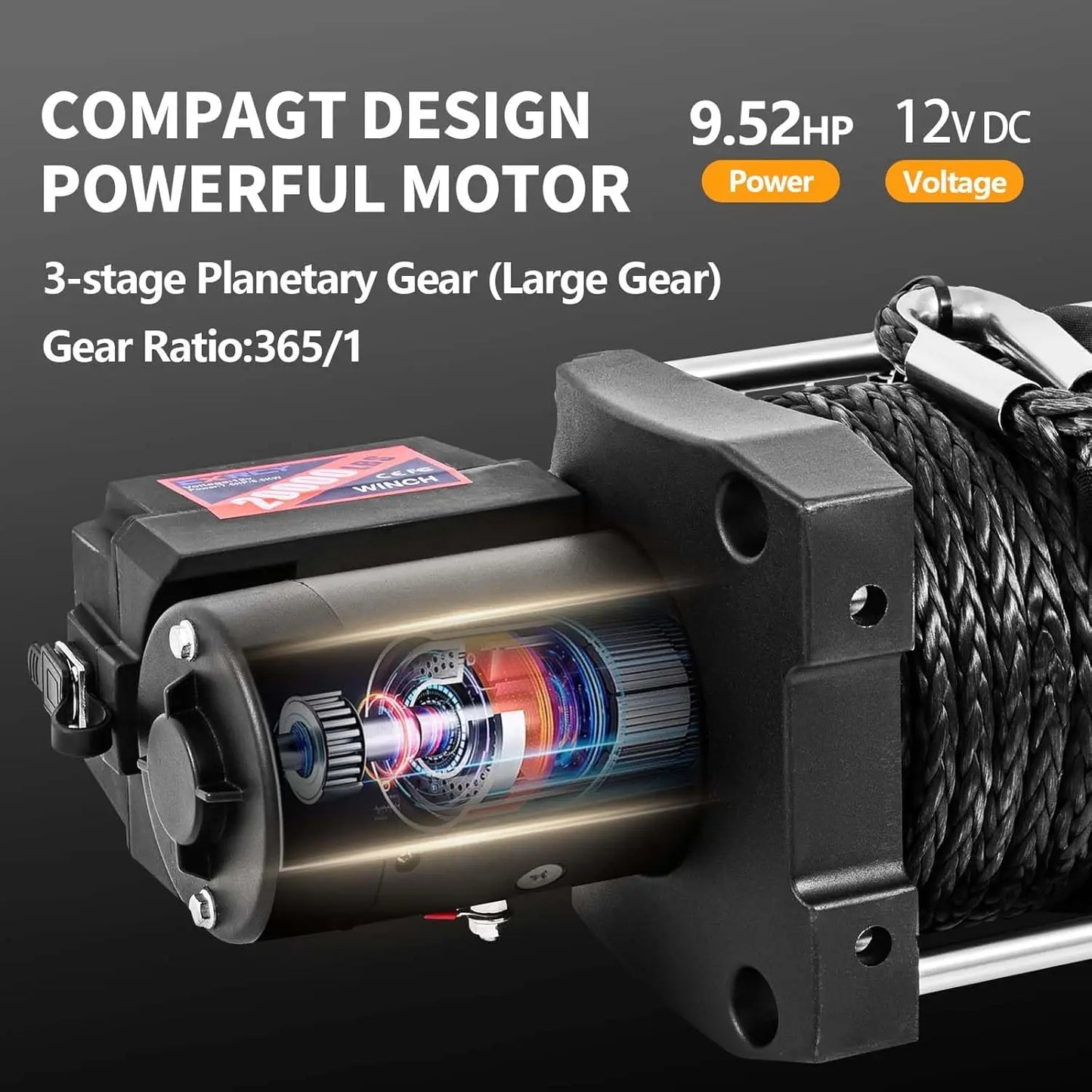 12V Electric Winch, 13500 Load Capacity Synthetic Rope Towing Winches for Jeep Truck SUV,with Wired Handle and Wireless Remote - TrendForce25