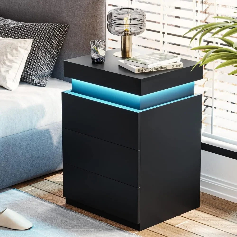 Nightstand with Charging Station and LED Lights,Night Stand with Sliding Top,Bedside Table with Drawers,Modern End Side Table
