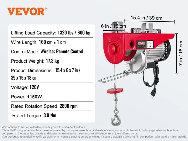 SucceBuy 200-800kg Electric Hoist with Wired/Wireless Remote Control Lifting Crane Cable Hoist Winch for Boat Garage Elevator