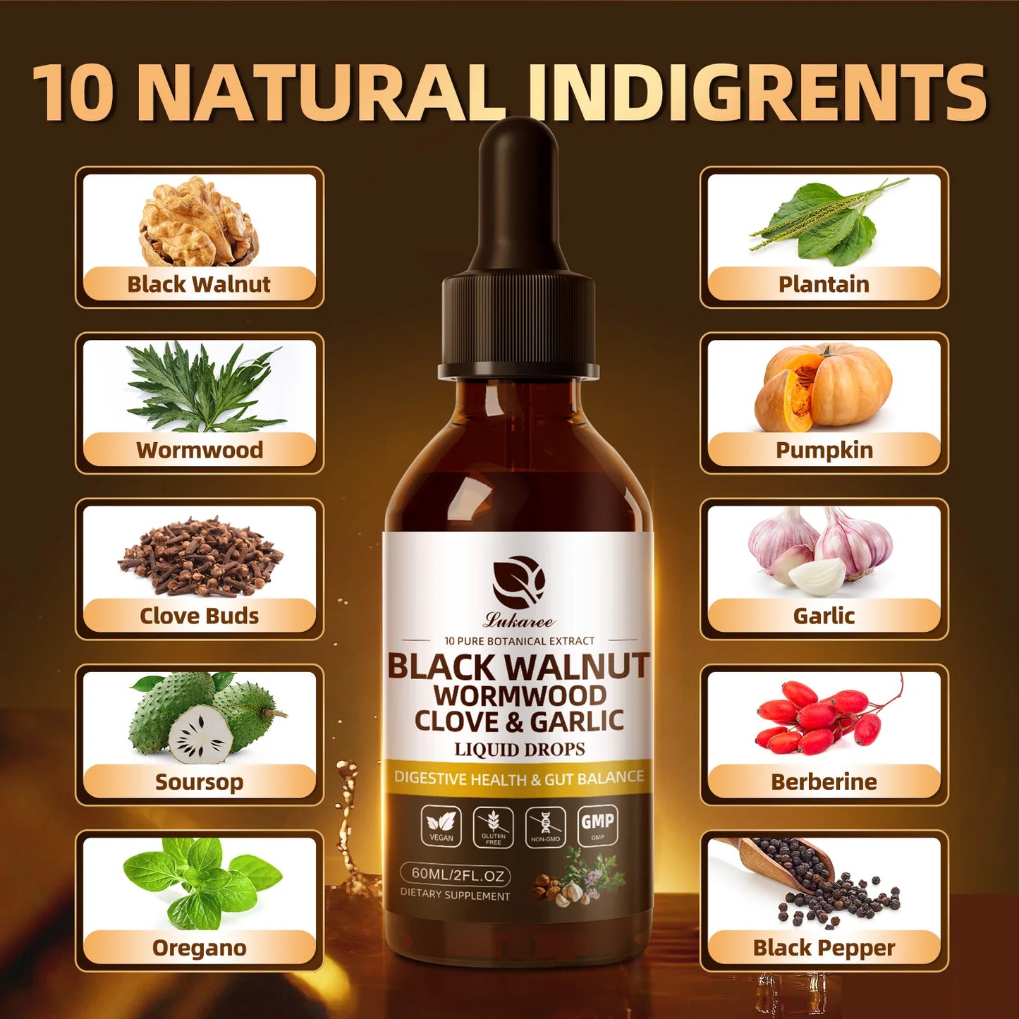 Lukaree 60ML Black Walnut Drop with Wormwood Clove & Garlic Support Digestion and Immune Health, Detoxify the Body Antioxidant - TrendForce25