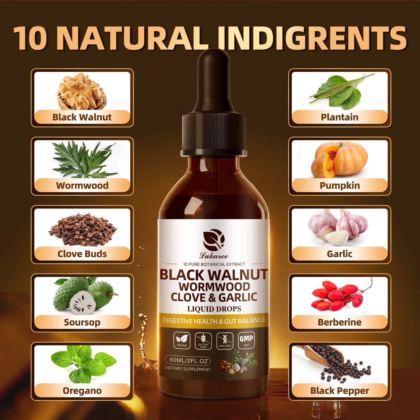 Lukaree 60ML Black Walnut Drop with Wormwood Clove & Garlic Support Digestion and Immune Health, Detoxify the Body Antioxidant - TrendForce25