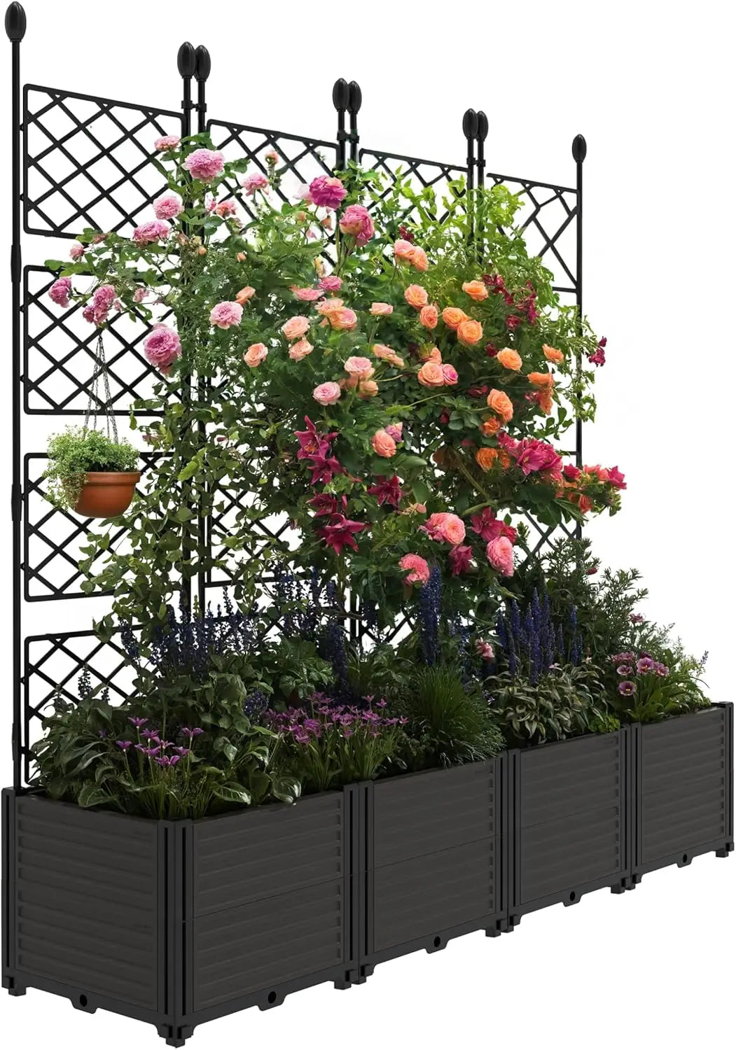 Plastic Planter Box w/ Trellis Rack 5.25FT Tall Raised Garden Bed Drainage for Outdoor Balcony Patio Flower Vegetable Planting - TrendForce25