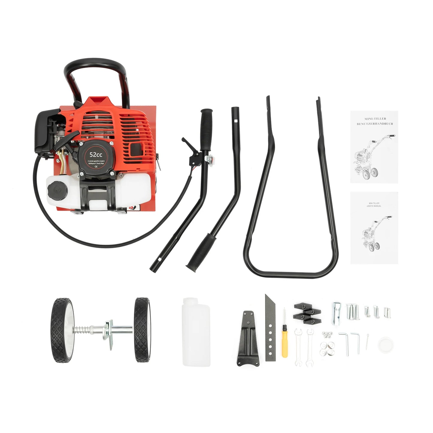 52CC Gasoline Tiller Cultivator 2 Stroke Mini Cultivator Rotovator for Farm Garden Yard, Single-Cylinder Air Cooled 7000r/min