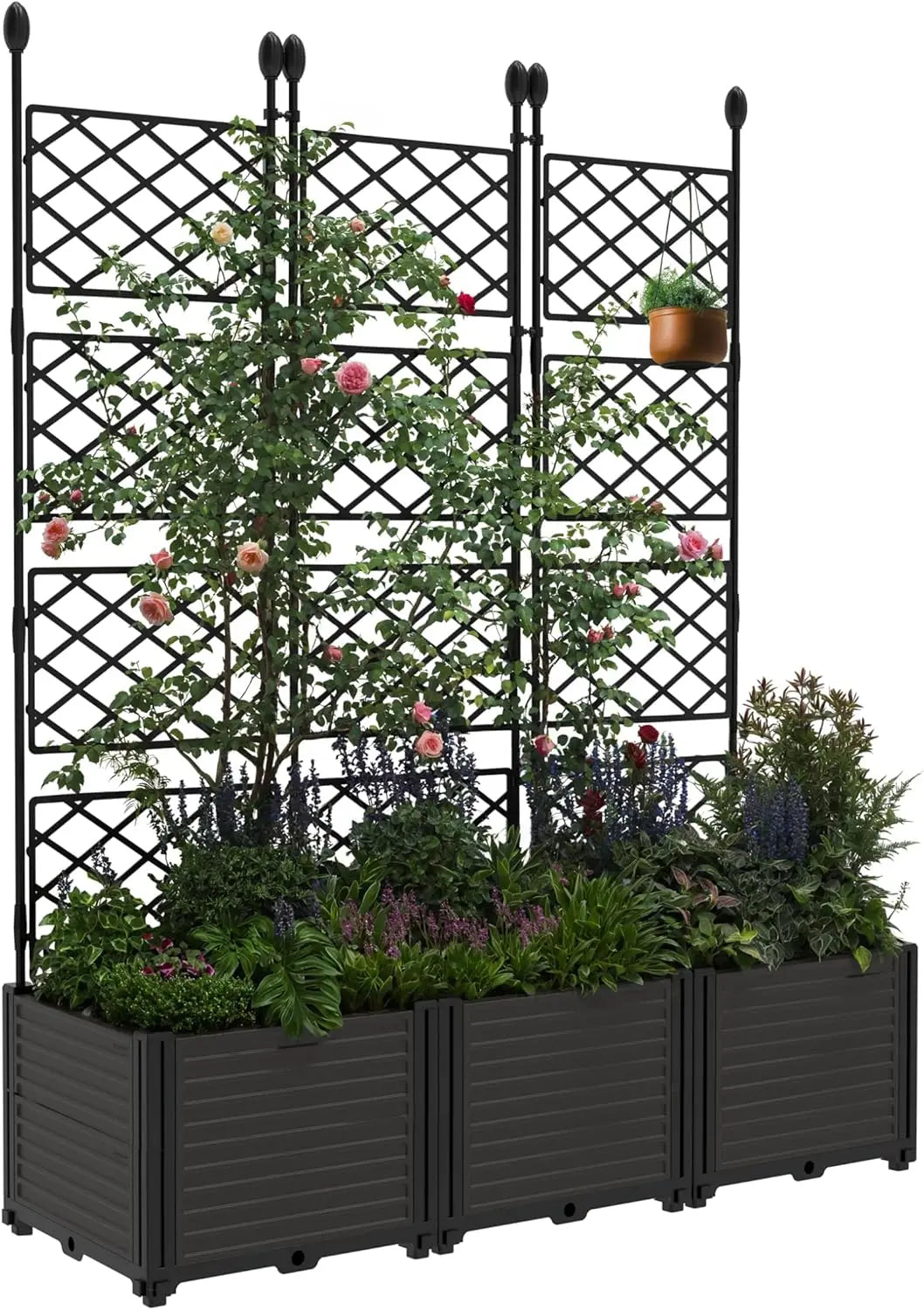 Plastic Planter Box w/ Trellis Rack 5.25FT Tall Raised Garden Bed Drainage for Outdoor Balcony Patio Flower Vegetable Planting - TrendForce25