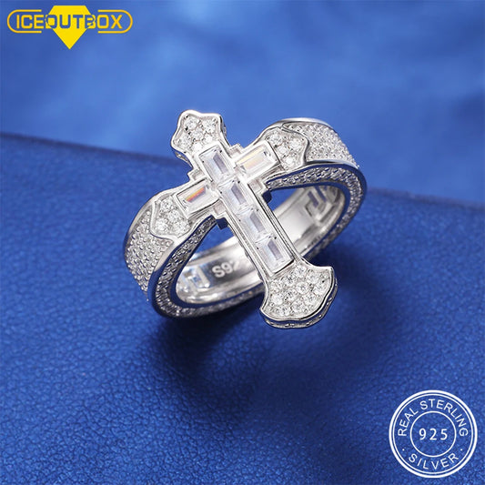 New 925 Sterling Silver Cross Baguette Moissanite Rings for Women Men Wedding Diamond Hip Hop Ring Fine Jewelry Christmas Gifts