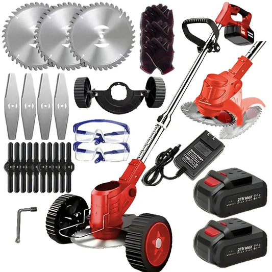 Wireless portable weed trimmer for lawn trimming. The trimmer is equipped with 2 lithium batteries and comes with replaceable bl