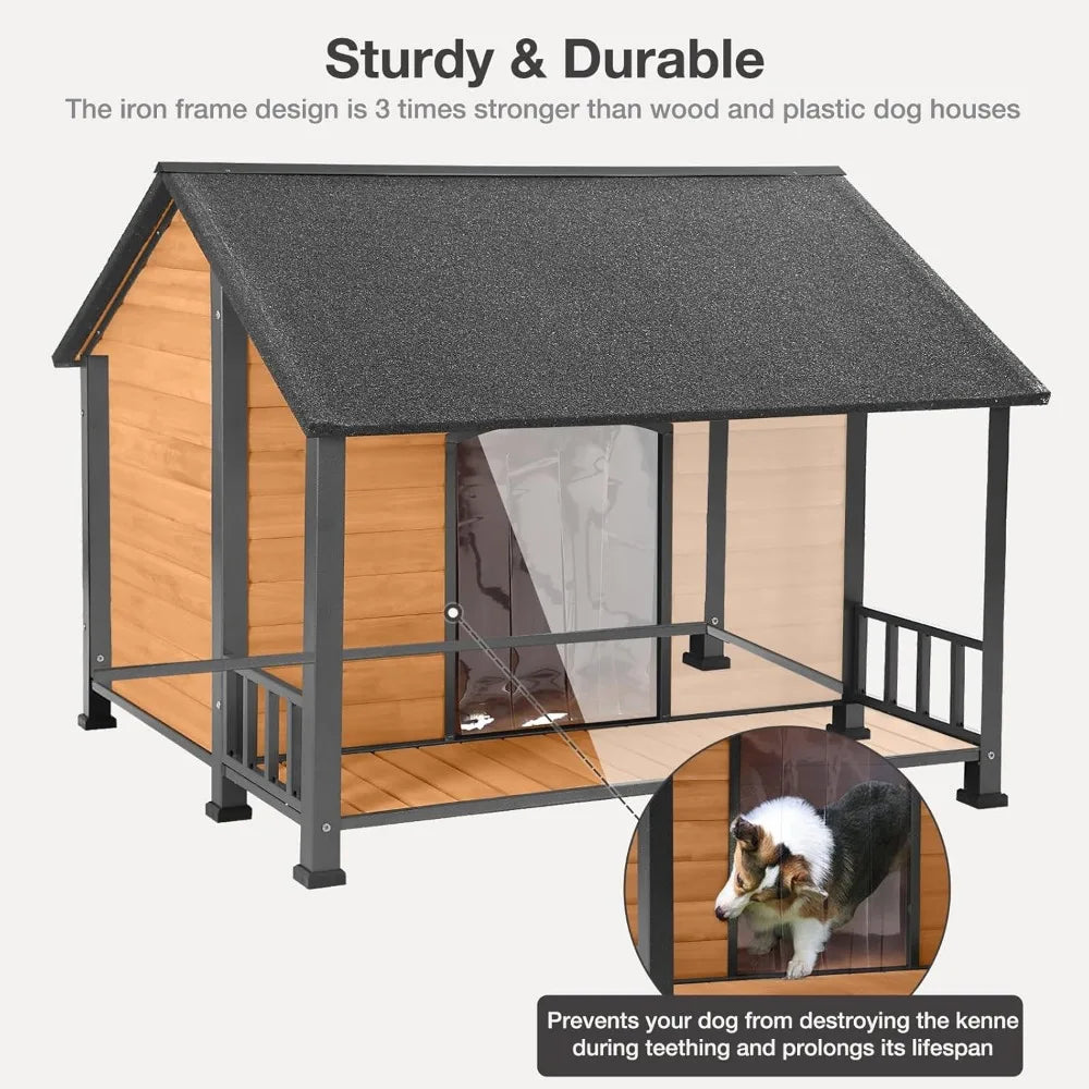 Outdoor Weatherproof Dog House - Easy to Assemble Puppy Shelter with All-Around Iron Frame & Fir Wood - Ideal for Large Dog Bree - TrendForce25