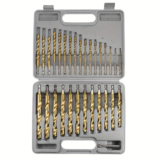 Titanium Impact Drill Bit Set -30 Pcs Hex Shank HSS,1/16"-1/2"Hex Shank Drill Bit Set,Quick Change Design,for Wood,Steel,Metal - TrendForce25