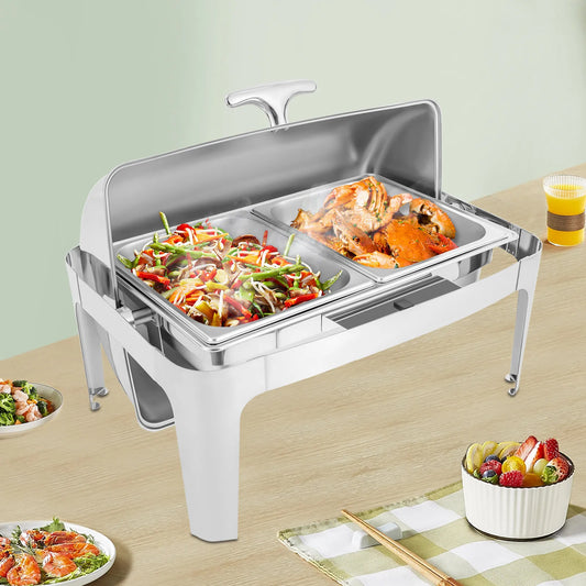 9L Roll Top Chafing Dish, Tempered Glass Cover, Alcohol Stove, Heating Plate, Stainless Steel for Catering and Buffets
