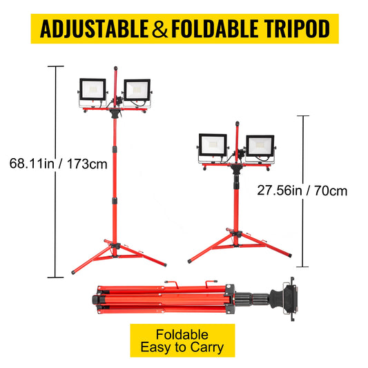 VEVOR LED Work Light with Stand 5000/10000 Lumen Dual-head LED Tripod Work Light w/ 27.6"-68.1" Adjustable&Foldable Tripod Stand - TrendForce25