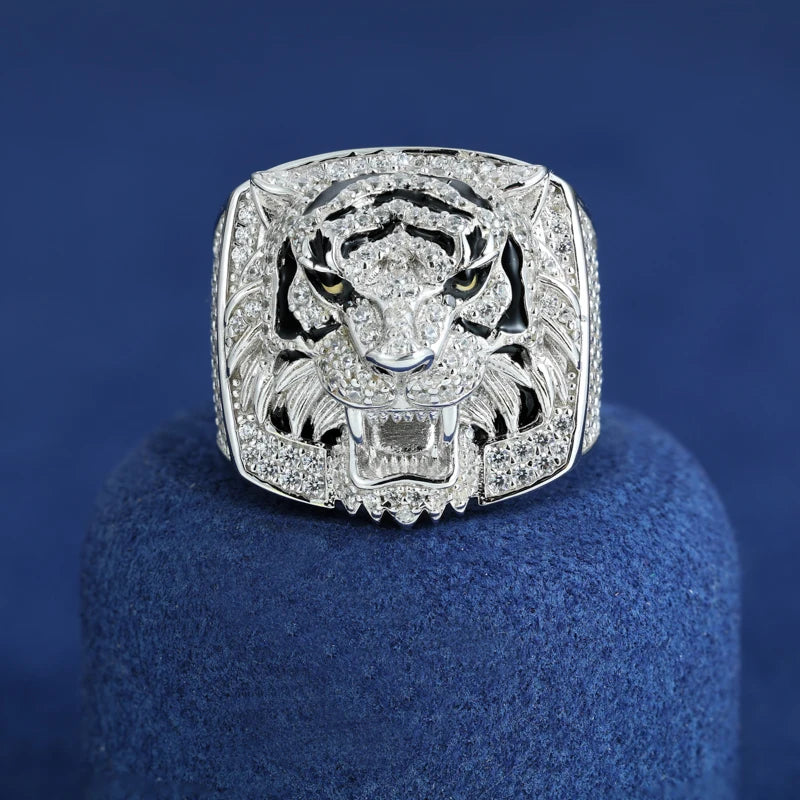 D VVS Moissanite Fierce Tiger Ring For Men 925 Sterling Silver Top Quality Exquisite Animal For Man Hip Hop Bling Jewelry Gifts
