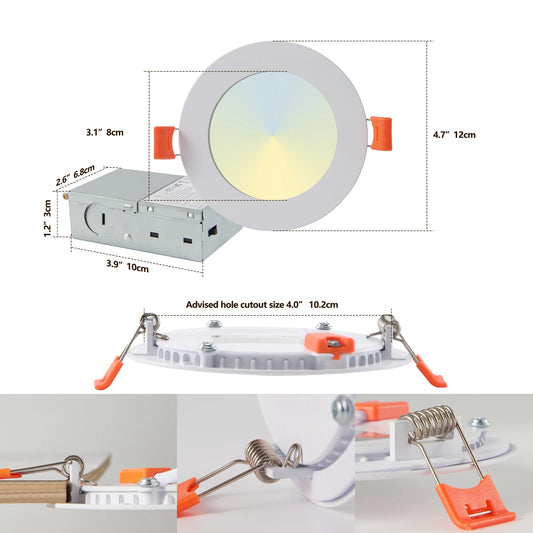 12-Pack 4 Inch Ultra-Thin LED Recessed Ceiling Light with Junction Box, 2700K-5000K Dimmable Color Changing Downlight