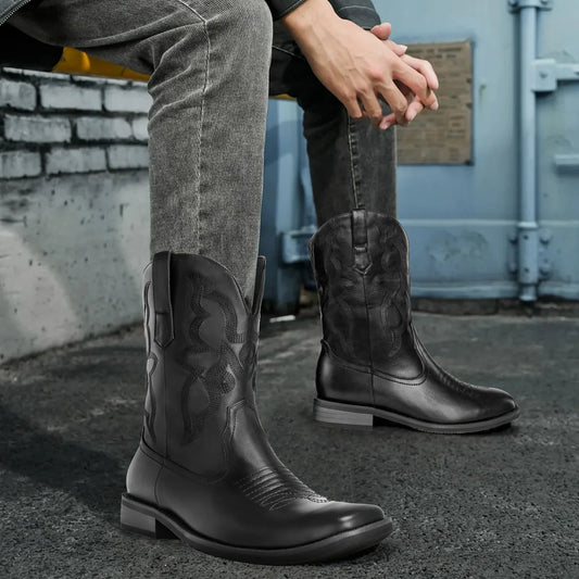 Men's Authentic Western Boots: Black Square Toe with Old West Embroidery – Simple Pull-On Convenience - TrendForce25