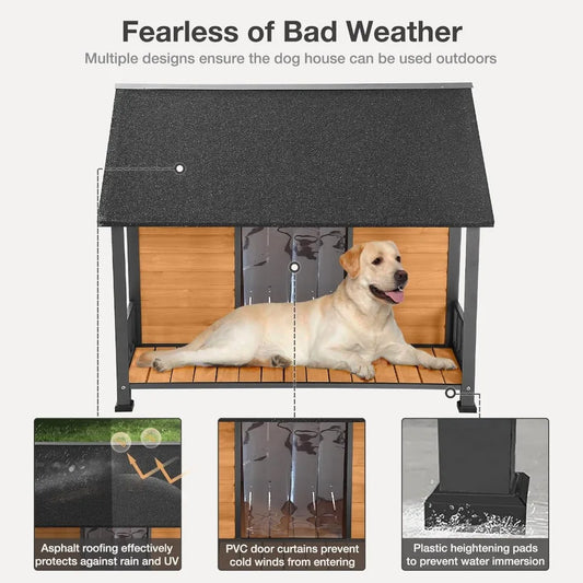 Outdoor Weatherproof Dog House - Easy to Assemble Puppy Shelter with All-Around Iron Frame & Fir Wood - Ideal for Large Dog Bree - TrendForce25