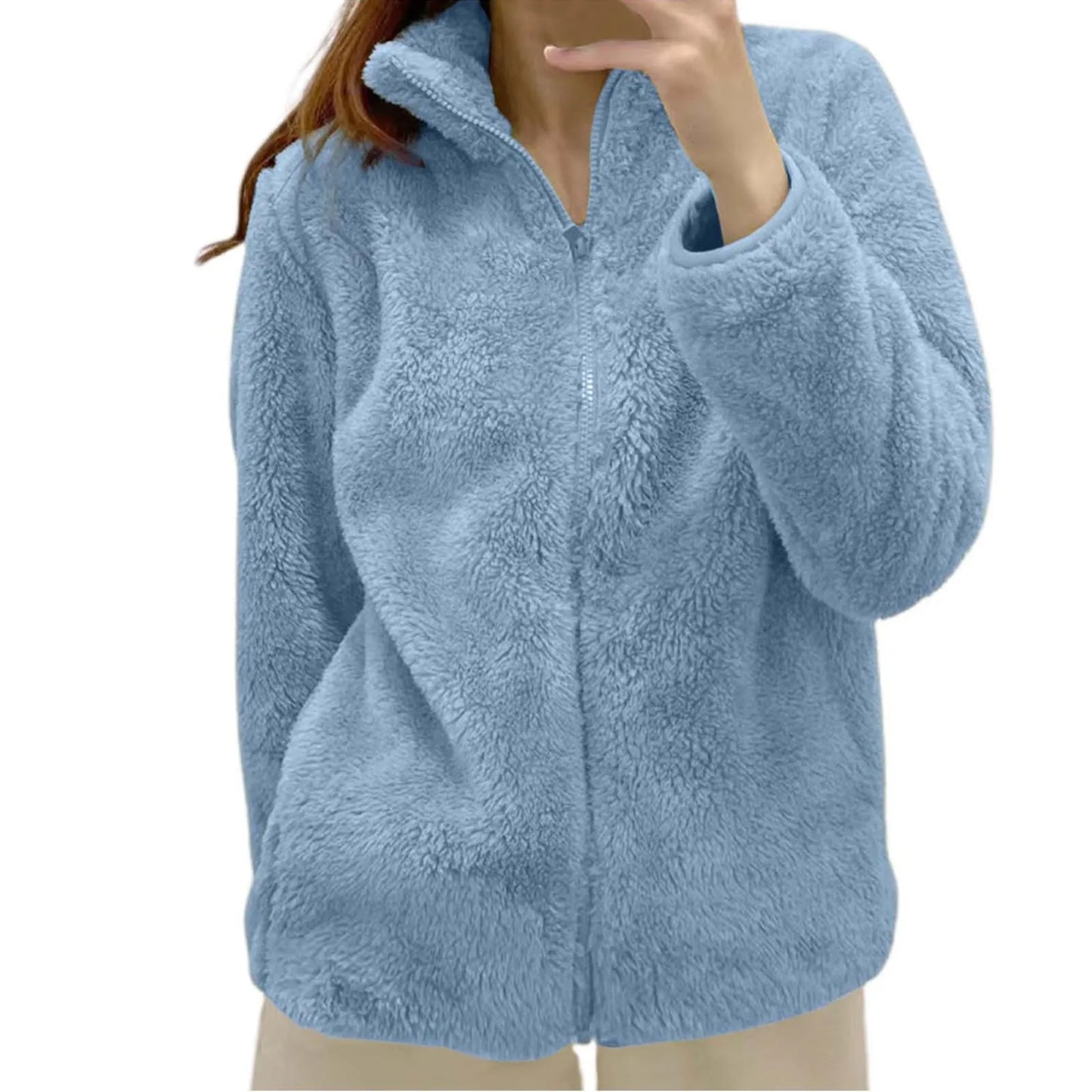 Women Casual Zip Up Fleece Jacket Solid Color Long Plush Polar Warm Zipper Outwears Female Gils Lamb Wool Jackets With Pockets
