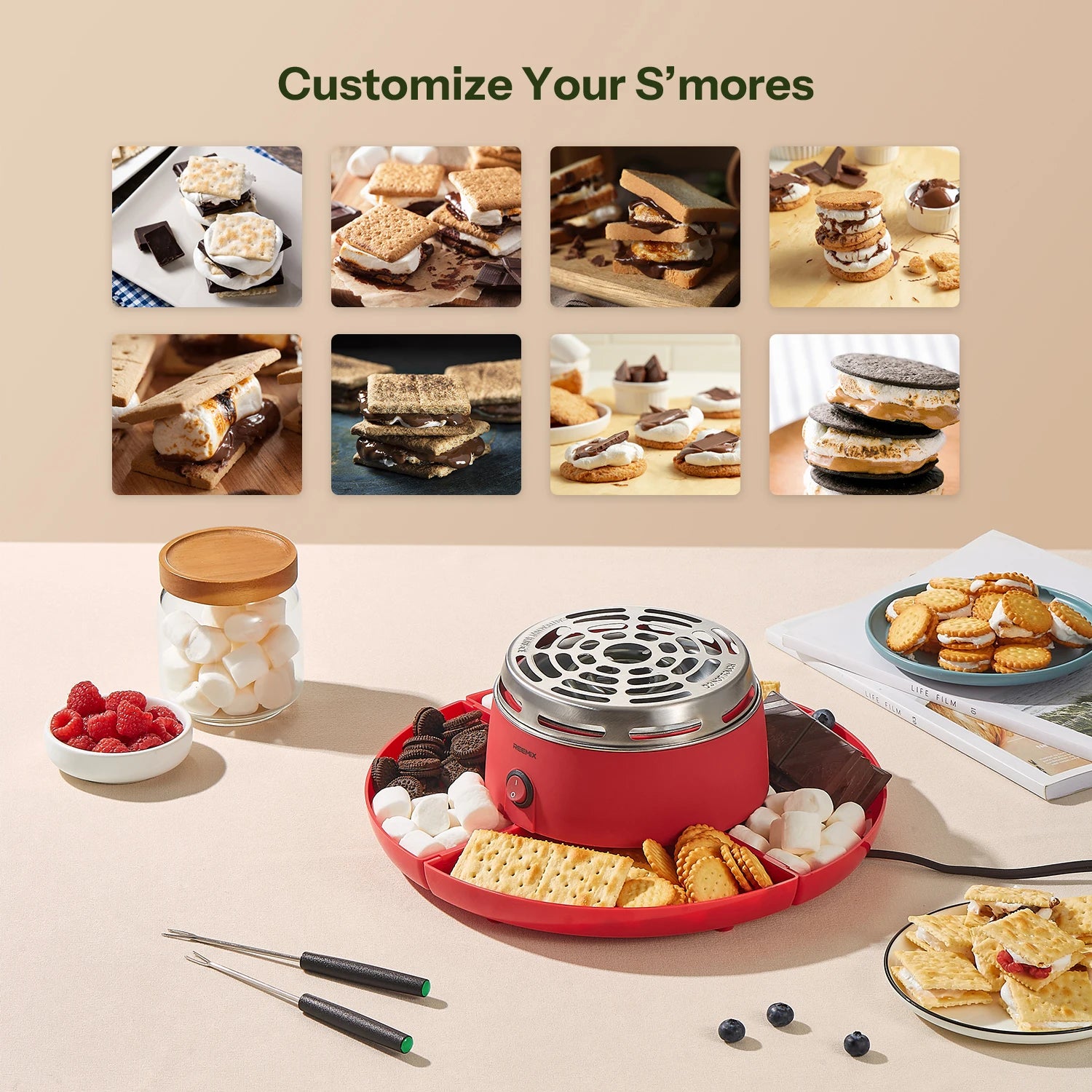 S'mores Maker Tabletop Indoor, Reemix Flameless Electric Marshmallow Roaster with 4 Detachable Trays & 6 Roasting Forks - TrendForce25