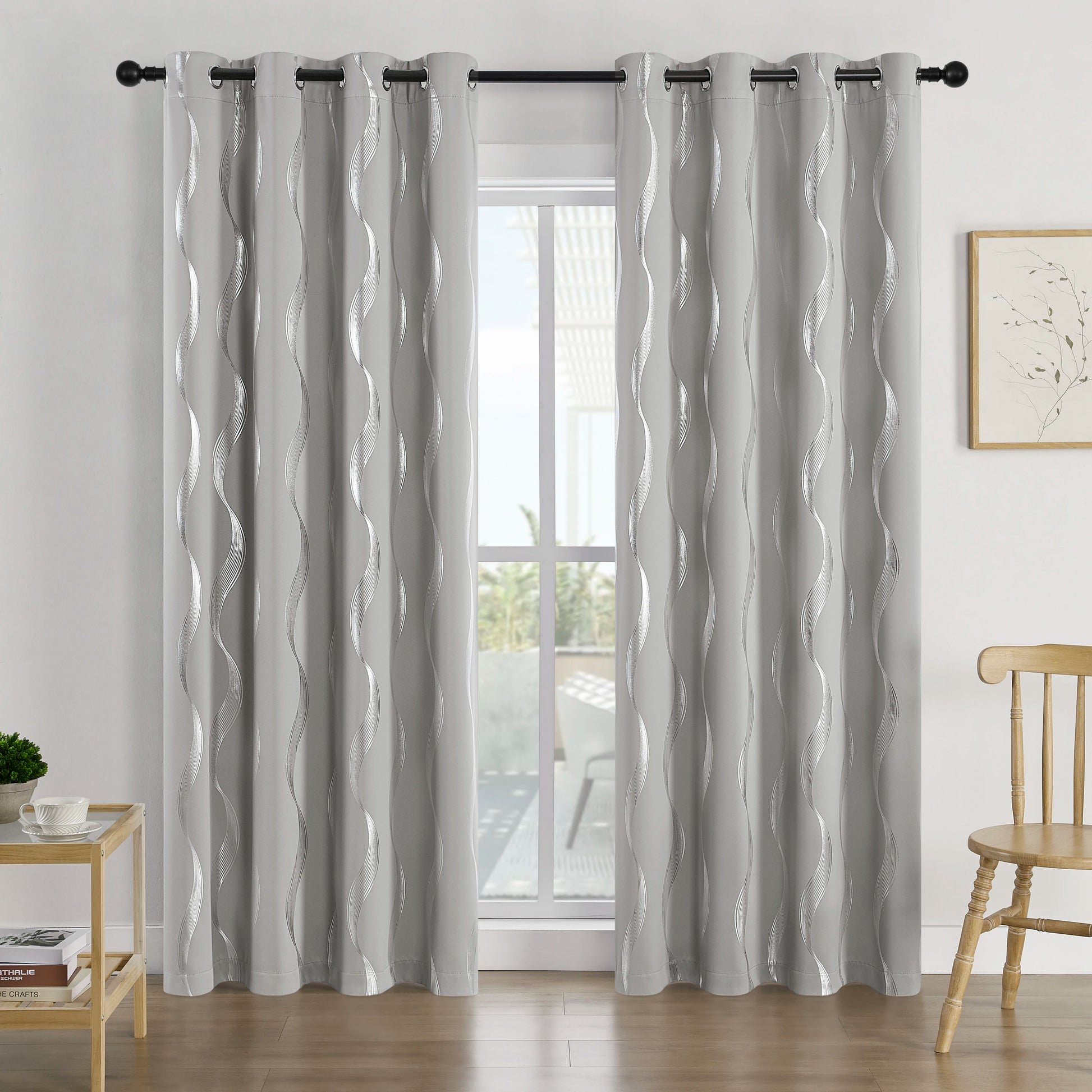 4Pcs Blackout Curtains Grommet Thermal Insulated Room Darkening  With Wave Foil Printed For Bedroom - TrendForce25