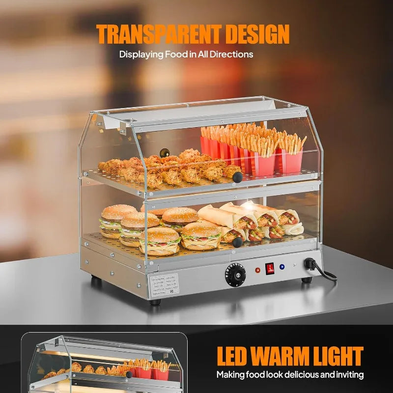 Commercial Food Warmer Display Pizza Warmer, 2-Tier Electric Countertop Food Warmer with LED Acrylic Door Removable Shelv
