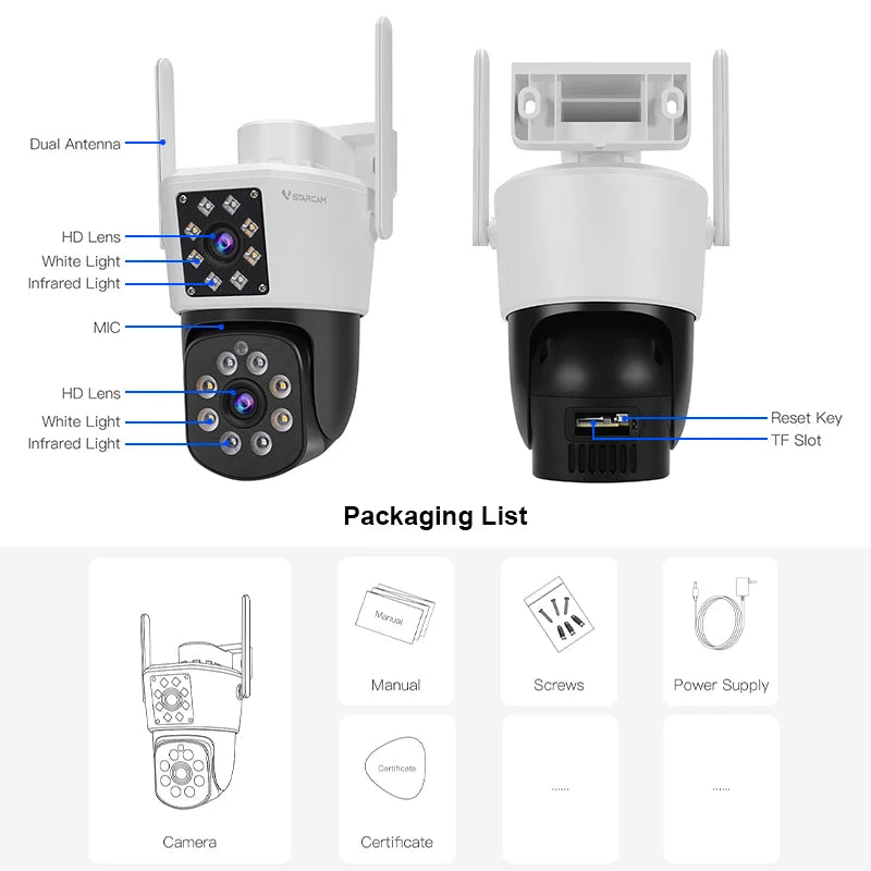 VSTARCAM Dual Lens Security Camera Outdoor, 1080P, Starlight Color Night Vision, Pan/Tilt, Light & Siren Alarm, 2-Way Audio