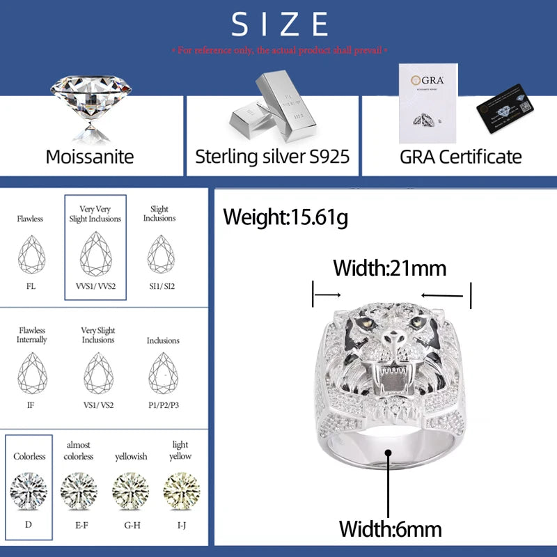D VVS Moissanite Fierce Tiger Ring For Men 925 Sterling Silver Top Quality Exquisite Animal For Man Hip Hop Bling Jewelry Gifts