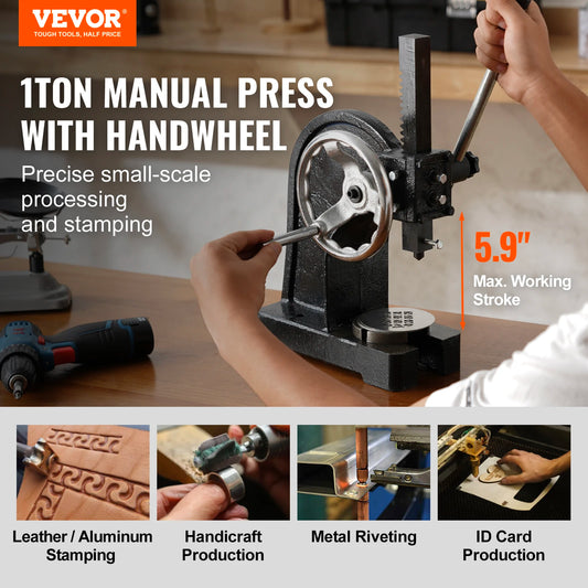 SucceBuy Heavy Duty Arbor Press 1 Ton Ratchet Leverage Arbor Press with Handwheel Manual Desktop Metal Arbor Press for Riveting