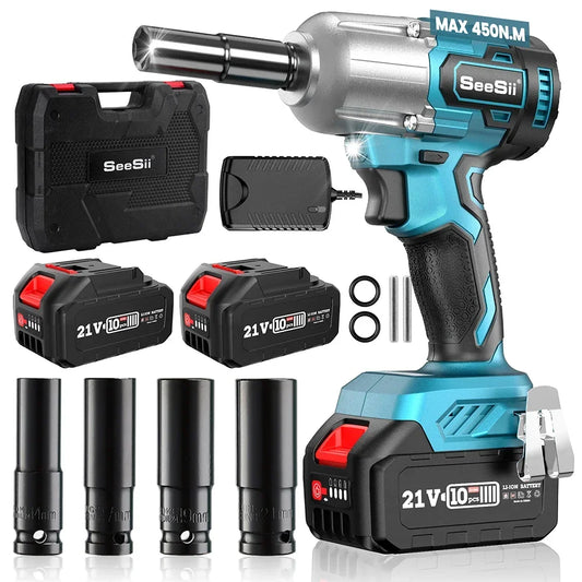 Seesii WH460 Cordless Impact Wrench Brushless 450N.m Electric Wrench 1/2'' Impact Gun 2*4.0Ah Battery For Car Home Power Tools