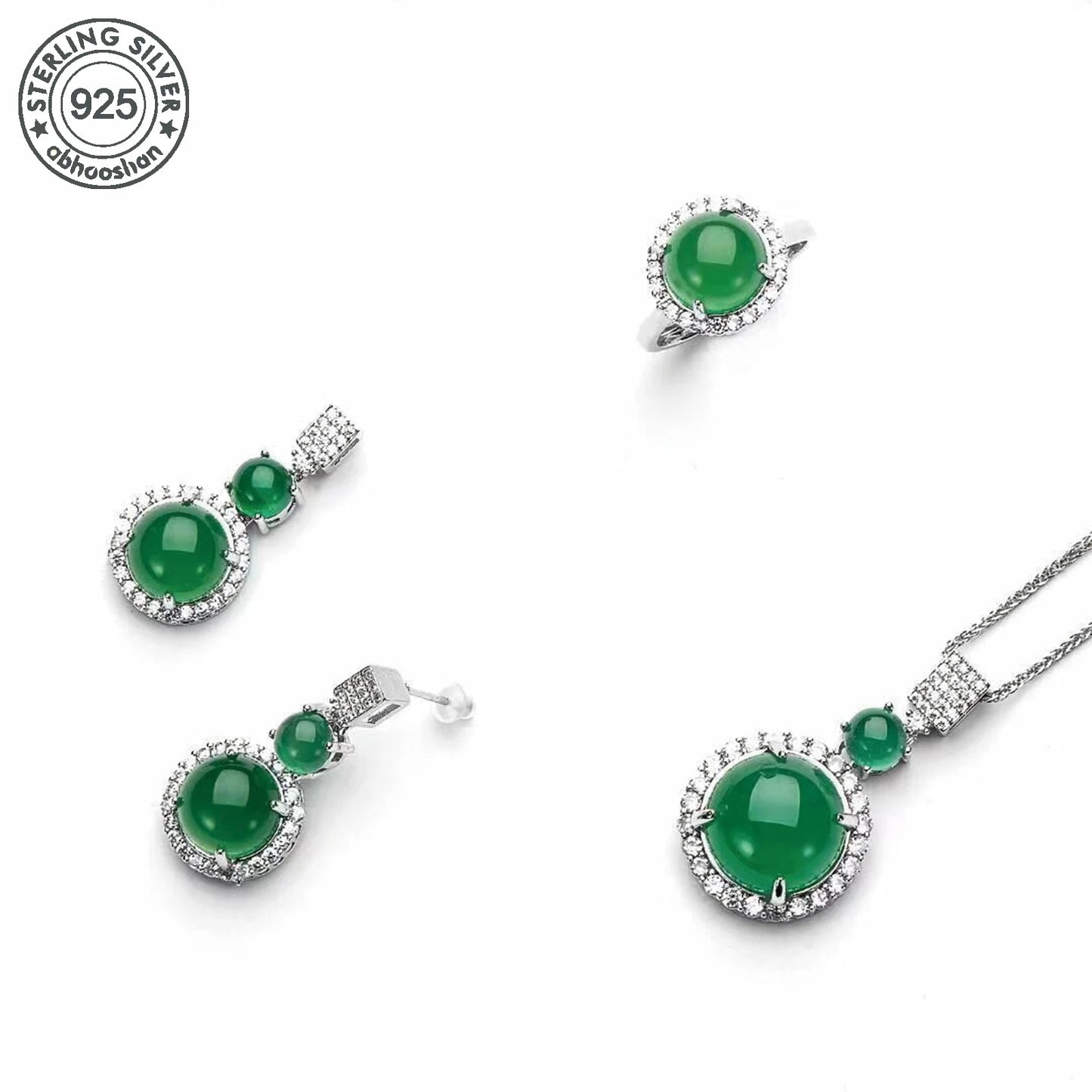 925 Silver, Green Jade Set, Natural stone jewellery three piece set including ring, necklace and pair of earrings. Crafted in 92