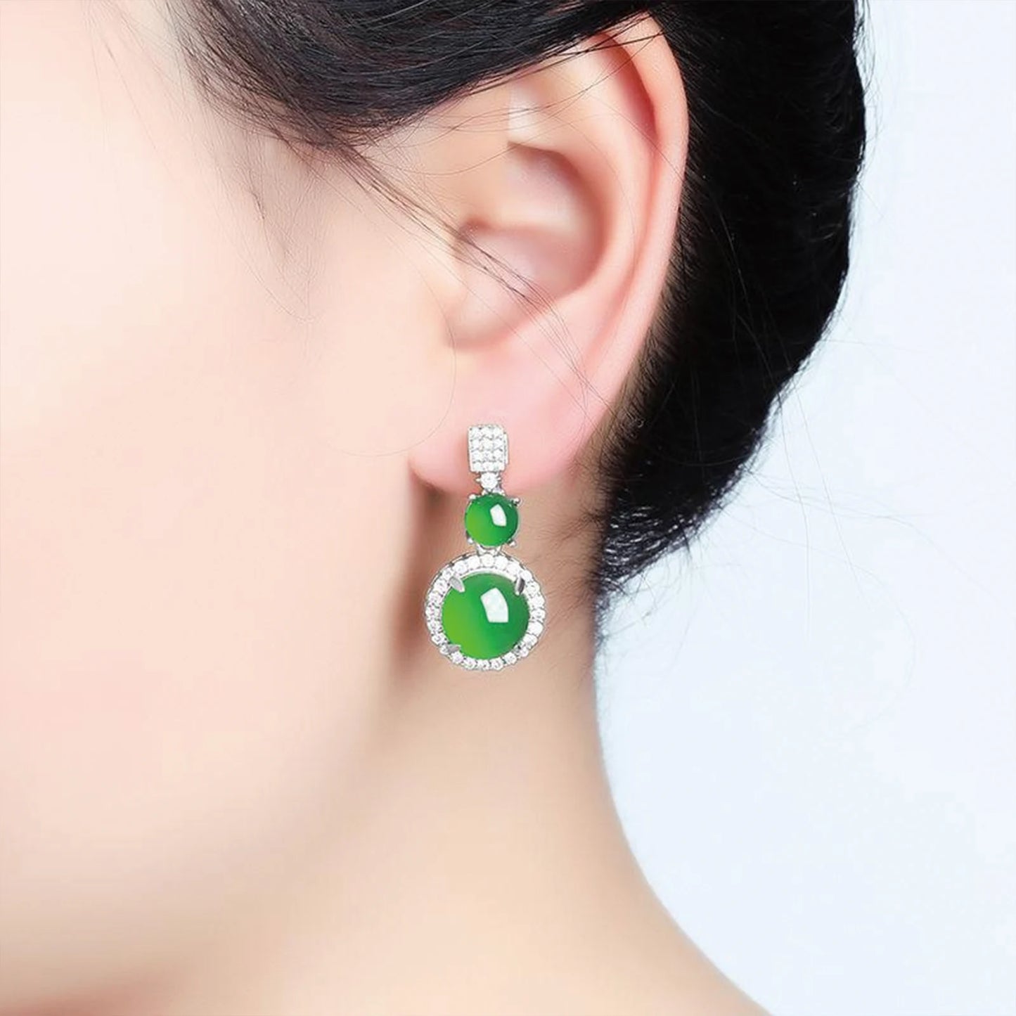 925 Silver, Green Jade Set, Natural stone jewellery three piece set including ring, necklace and pair of earrings. Crafted in 92