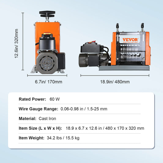 SucceBuy Electric Wire Stripping Machine 60W 1.5-25mm Visible Stripping Depth 6 Round 1 Flat Channels for Scrap Copper Recycling