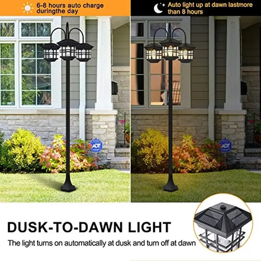 3-Head Solar Street Light Aluminum Waterproof Outdoor Lamp Post Energy-Efficient Garden Lighting Automatic Dusk to Dawn Black