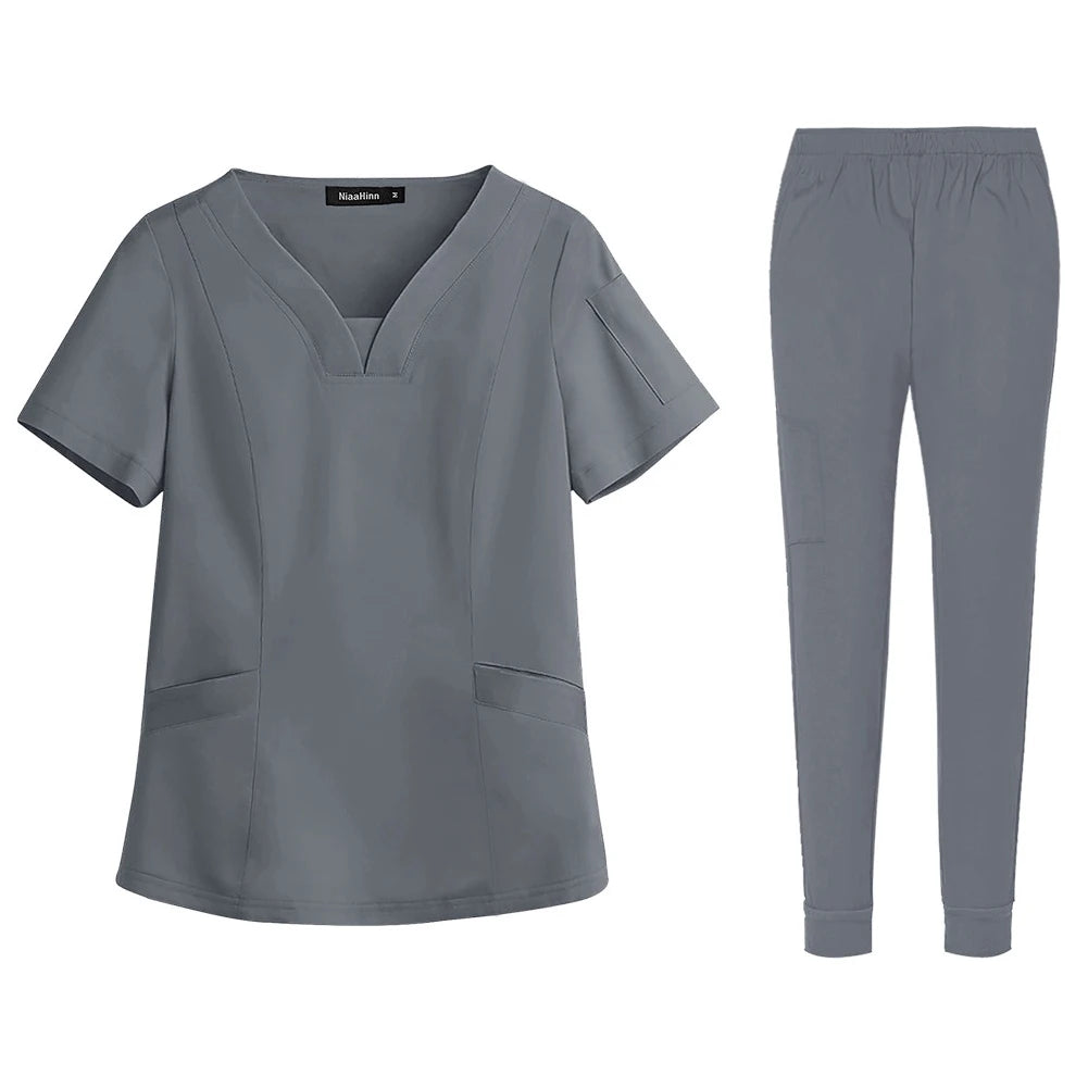 Unisex Medical Nurse Beauty Salon Workwear V-Neck Doctor Nurse Scrubs Set Hospital Surgical Work Clothes for Women Men