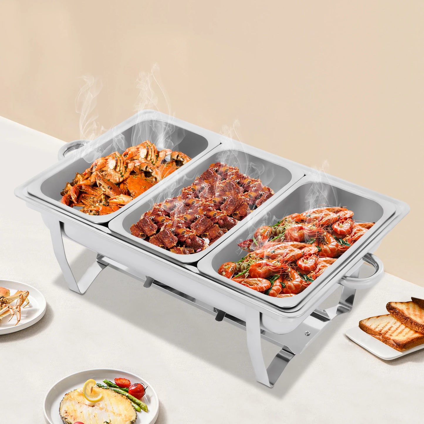 7.5L Stainless Steel Chafing Dish Buffet Set Silver Rectangular Catering Chafer Warmer Set with Folding Frame for Party Banquet