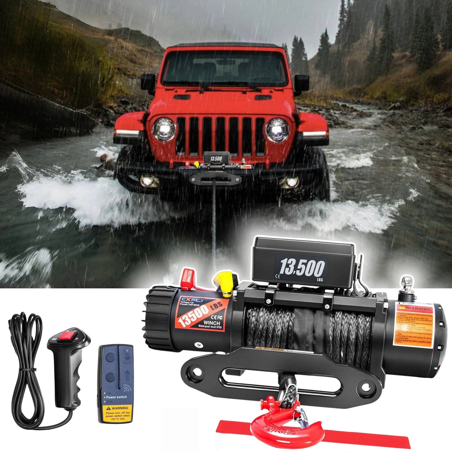 12V Electric Winch, 13500 Load Capacity Synthetic Rope Towing Winches for Jeep Truck SUV,with Wired Handle and Wireless Remote - TrendForce25