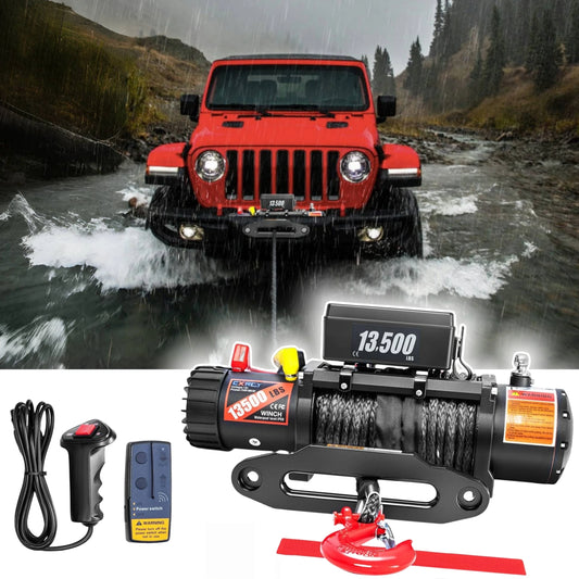 12V Electric Winch, 13500 Load Capacity Synthetic Rope Towing Winches for Jeep Truck SUV,with Wired Handle and Wireless Remote - TrendForce25