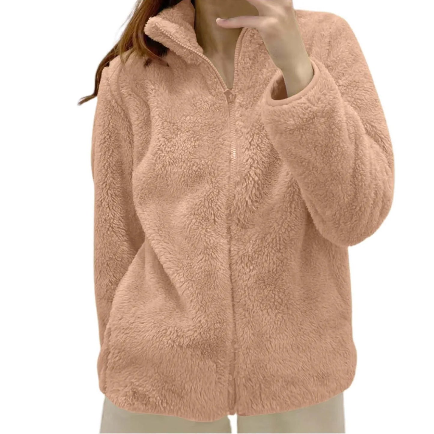 Women Casual Zip Up Fleece Jacket Solid Color Long Plush Polar Warm Zipper Outwears Female Gils Lamb Wool Jackets With Pockets