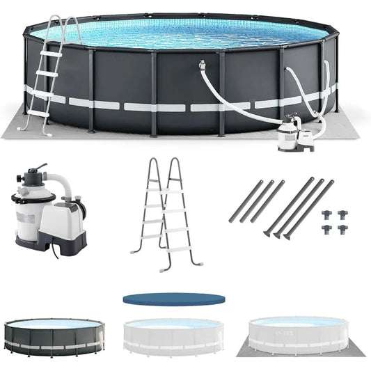 14' x 42" Round Above Ground Outdoor Swimming Pool Set with Sand Filter Pump, Ladder, Ground Cloth, and Po - TrendForce25