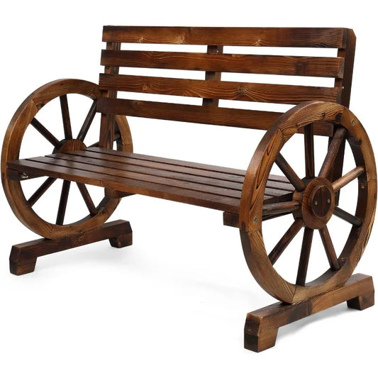 41" Rustic Wooden Wheel Bench Outdoor Bench,2-Person Patio Bench Wagon Slatted Seat,Garden Benches Outdoors 350lbs High Capacity - TrendForce25