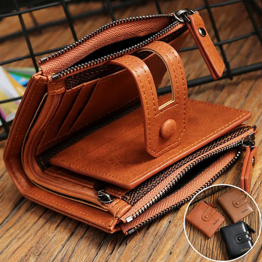 Men's Short Wallet Double zipper Multi Card Slots Holder Coin Purses With Snap Button PU Leather Billfold - TrendForce25