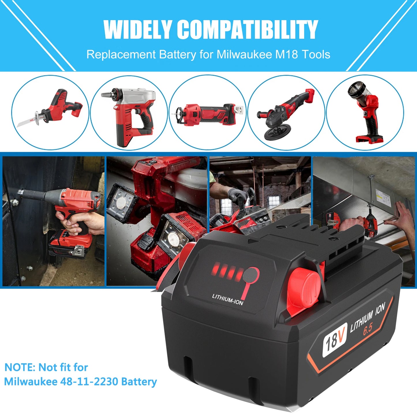 REACELL 18V 6.5/5.5Ah For Milwaukee M18 Battery Rechargeable Milwaukee Lithium Battery 48-11-1860 48-11-1850 48-11-1840