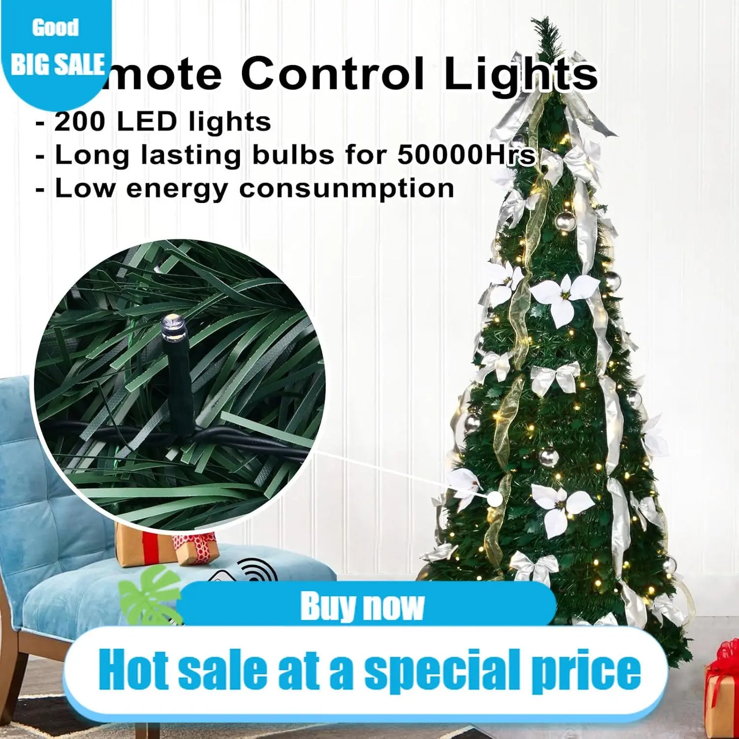 Pop up Christmas Tree - 6 Ft Pre-lit Christmas Tree with Remote Fully Decorated with 200 LED Lights, White & Gold Ribbon